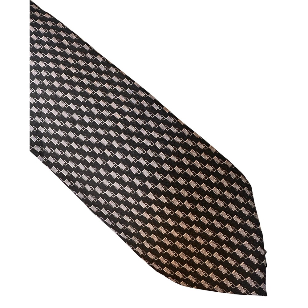 Kenneth Cole New York Silk Necktie Black Silver Geometric Pattern Mens Tie